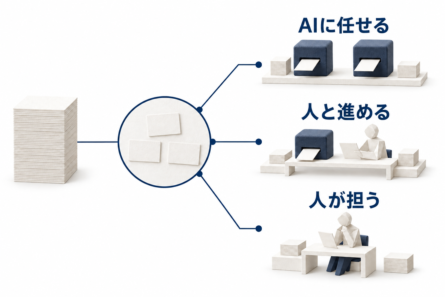 業務を見立て、AIに任せる、人とAIで進める、人が担う、という3つの関わり方を選ぶ概念図。自動化の度合いに優劣はありません。